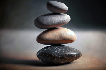 Zen stones, pebbles stack, balance and stability concept. Generative AI