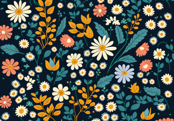Ditsy pattern background with daisies and leaves. Created with Generative AI.