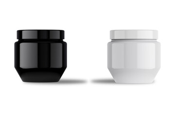 Beauty jar cream on white background. Blank black and white cosmetic jar with shadow mockup isolated. 3d rendering.