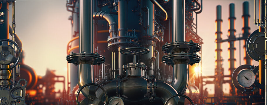 Oil refinery, petroleum fuel plant, pipes. Heavy industry 4.0, gas production, energy industry, manufacturing, robotic automatic, chemical, petrochemical factory, power plant. Industrial 3D background