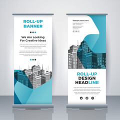Modern Business Roll Up. Standee Design. Banner Template. Presentation and Brochure. Geometric x-banner and flag-banner advertising. Vector illustration.