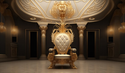 The Throne Room with Red royal chair on a background of red curtains. A realistic fantasy interior of the palace. Place for the king. Throne. digital ai art - obrazy, fototapety, plakaty