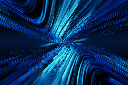 Futuristic blue light streak, technology background. Glowing abstract connecting lines and dots representing, fiber optic, data speed, wireless data, high-speed internet and network theme.
