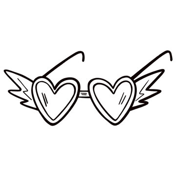 Sketch sunglasses in the shape of a heart. Wings" sunglasses are bright and flamboyant. Retro sunglasses are framed by a frame in the shape of unfolded wings. Stylish accessory. Doodle illustration dr