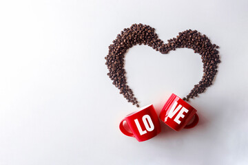 Coffee lover. Top view of red  cup and Coffee beans arranged in a beautiful heart shape on white background.  Festive card for Valentines Day. top view. flat lay. 3D illustration