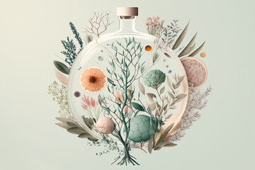 Gin bottle concept with botanicals reaching out from within  - obrazy, fototapety, plakaty