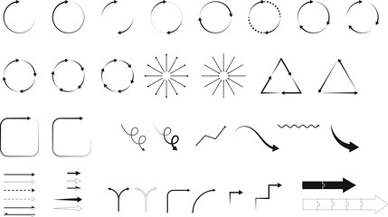 Vector set with different types of arrows: circled, straight, curved, in directions.