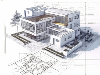 building project plan blueprint of a modern house. Designed using generative ai