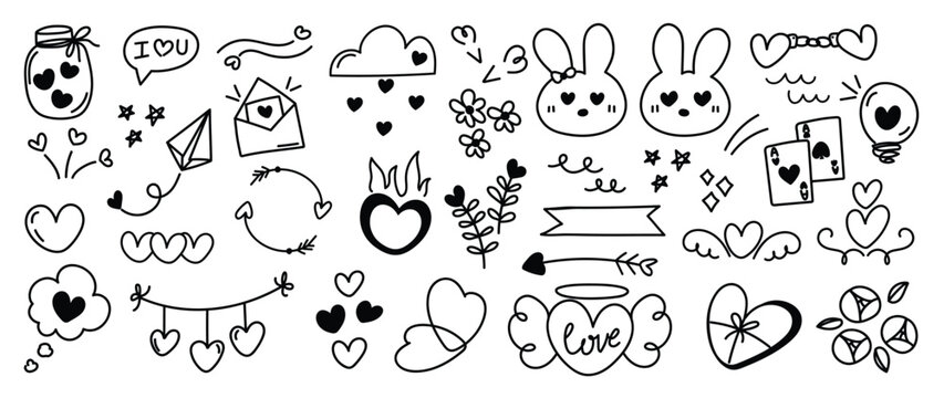 Set of valentine doodle element vector. Hand drawn doodle style collection of heart shape, candy, rabbit, paper plane, letter, flower, wing, star. Design for print, cartoon, card, decoration, sticker.