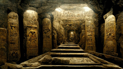 Antique background: underground civilization temple and cemetery with graves, columns, inscriptions and figures carved on the walls made with generative AI