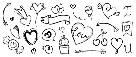 Set of spray paint valentine element vector. Hand drawn graffiti texture style collection of heart shape, balloon, flower, arrow, cactus, banner. Design for print, cartoon, card, decoration, sticker.