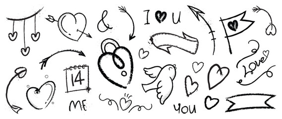 Naklejka premium Set of spray paint valentine element vector. Hand drawn graffiti texture style collection of heart, symbol, bird, banner, flag, arrow, calendar. Design for print, cartoon, card, decoration, sticker.