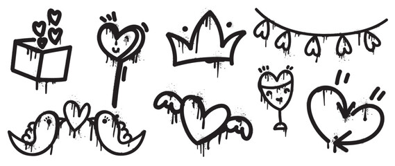 Obraz premium Set of spray paint valentine element vector. Hand drawn graffiti texture style collection of comic heart shape, crown, bird, flying heart, arrow. Design for print, cartoon, card, decoration, sticker.