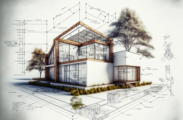 building project plan blueprint of a modern house. Designed using generative ai