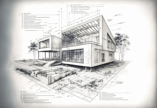building project plan blueprint of a modern house. Designed using generative ai
