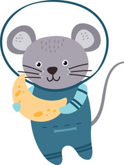 Mouse astronaut with cheese moon crescent. Space animal