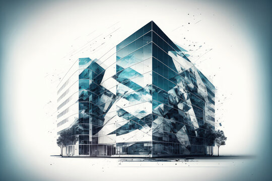 clear modern construction. A high rise office building may be seen in a tilted double exposure photograph reflecting in a glass wall of another office building. geometric composition with abstract ele