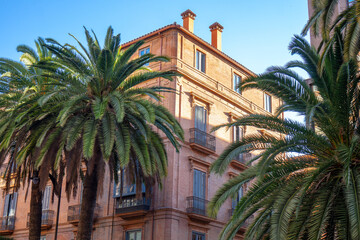 Fototapeta na wymiar Decorated exteriours residental buildings in Malaga city, Andalusia, Spain with palm trees