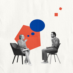Contemporary art collage about young man meeting with professional psychologist. Concept of modern...