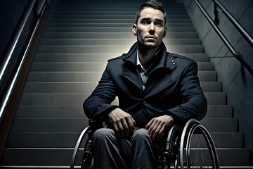 Fototapeta na wymiar Homme dans un fauteuil roulant avec un escalier en arrière-plan, accessibilité des lieux publiques - illustration ia