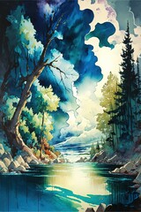 Fototapeta na wymiar watercolor painting of a river, lake, trees, art, wall art, ai art, digital art, clouds, sky, adventure, nature, green, water color, peaceful, 