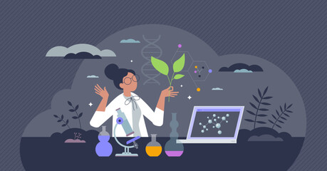 Biotech research with biology and technology science tiny person concept. Chemistry usage for crop cultivation, genetic experiments or bio based pharmacy vector illustration. Herbal DNA modification.