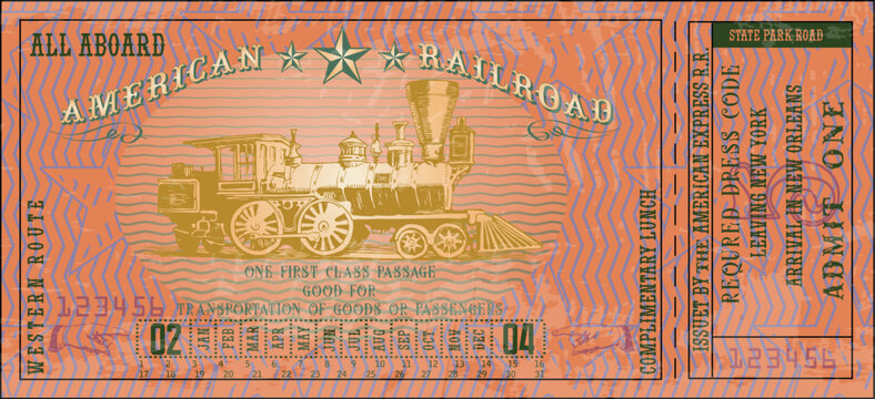 vector image of old vintage american western rail train ticket