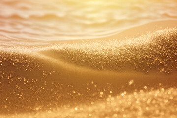 Beautiful background image of golden sand on the beach close-up on the soft background of sea waves