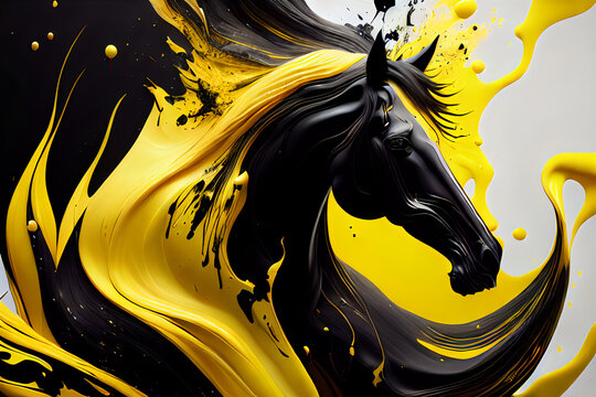 a wallpaper rich of elegant color, liquid black white yellow horse, abstract, merged, 8k, ultra high definition, Generative Ai