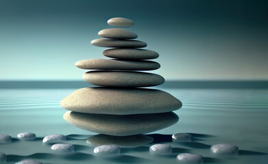 Obraz na płótnie Canvas Balance stones on sea water, pebbles stack, zen and spa concept. Generative AI