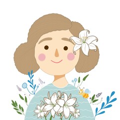 Beautiful, young girl with flowers and a bee art