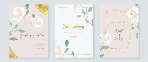 Luxury wedding invitation card background vector. Watercolor botanical floral leaf branch with golden shimmer geometric frame template. Design illustration for wedding and vip cover template, banner.