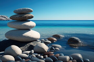 Fototapeta na wymiar Balance stones on the coast, pebbles stack, zen and spa concept. Generative AI