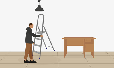 A male character puts a ladder on the floor under a lamp near the desk