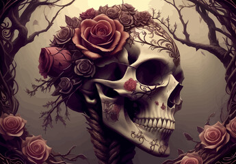 Skull and roses vector illustration. Dark fantasy.
