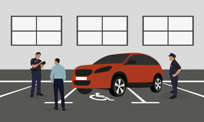 Modern crossover parked in a place for a disabled person and two policemen stand and issue a fine the driver