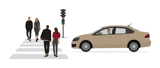 Two couples of young people are walking along a pedestrian crossing while a car with a driver is standing in front of a traffic light