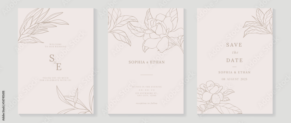 Wall mural luxury wedding invitation card background vector. decorate with elegant botanical floral leaf branch