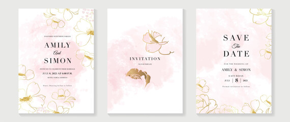 Luxury wedding invitation card background vector. Elegant botanical flowers gold line art and pink watercolor texture background. Design illustration for wedding and vip cover template, banner. © TWINS DESIGN STUDIO