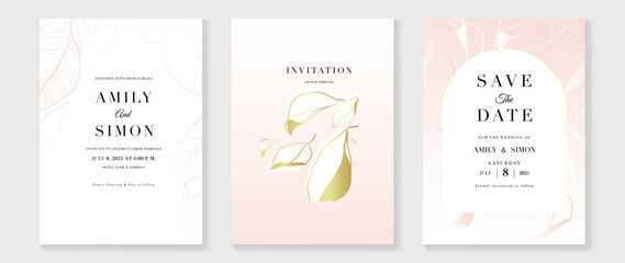 Luxury wedding invitation card background vector. Elegant botanical leaves line art and gold texture template background. Design illustration for wedding and vip cover template, banner, poster.