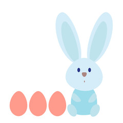 Cute blue bunny and three pink eggs in a row . Flat style .Gentle Easter vector illustration 