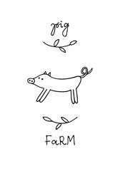 Farm pig. Doodle style. Hand drawn linear illustration. Black and white vector