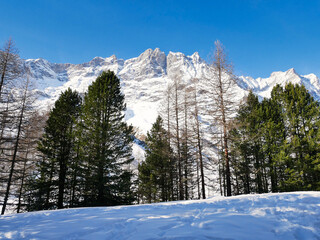 Winter in Aosta Valley, Alps Italy. Around Blue lake and Matterhorn.