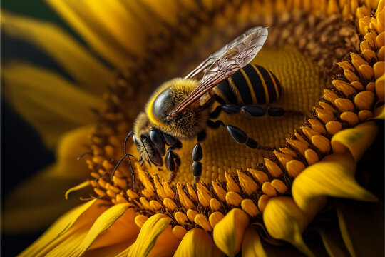Bee on a Sunflower Macro, generative ai.