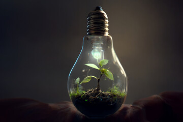Glowing plant buds grow inside the lamp in dark background. Energy concept based on green technologies. Generative AI