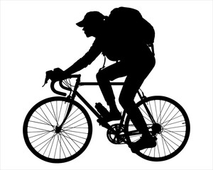 Cyclist riding bicycles with a backpack on her back. Cyclist riding a bike in motion. Cycling. Woman, a girl with a bicycle. Side view, profile. Black female silhouette isolated on white background