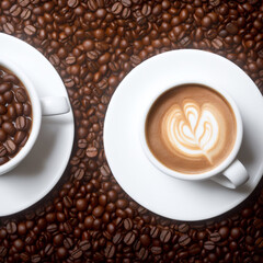 
A cup of hot coffee on coffee beans