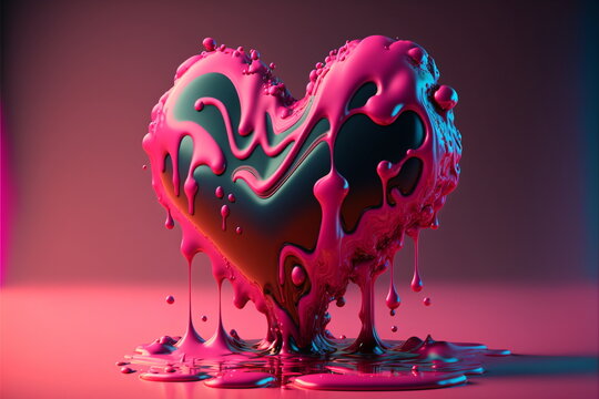 A black heart covered with pink slime,  vibrant paint splashes. 3D Abstract Valentine's Day Greeting Card. Fluid art design. Generative AI art