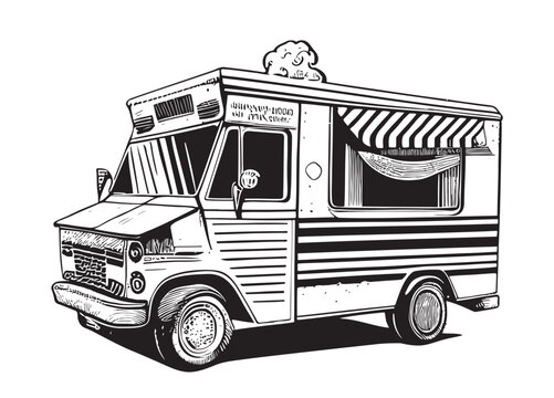 Retro fast food van hand drawn sketch illustration