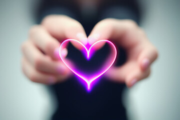 Glowing heart neon pink shape in hands AI Generated